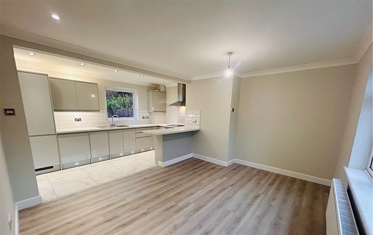 Open Plan kitchen with island and pendant lighting